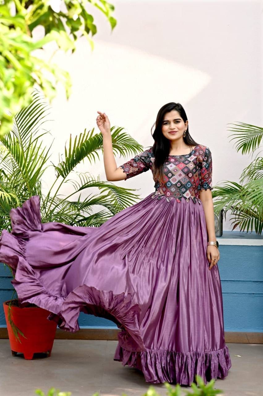 Attractive Chinon Silk Embroidered Gown